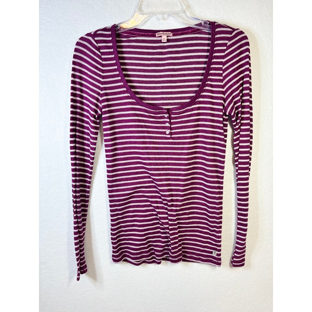 Juicy Couture Womens Purple Striped Ribbed Henley Long Sleeve Shirt Rhinestone S